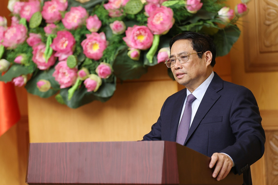 Thủ tướng Phạm Minh Chính phát biểu tại buổi làm việc. (Ảnh: Dương Giang/TTXVN)