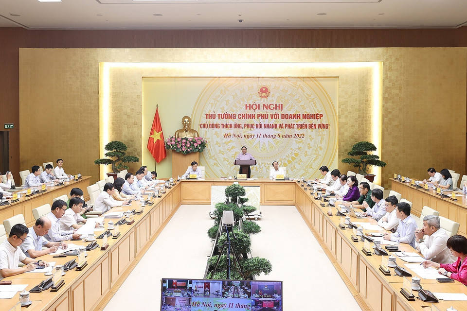 Toàn cảnh Hội nghị trực tuyến toàn quốc Thủ tướng Chính phủ với doanh nghiệp theo chủ đề “Chủ động thích ứng phục hồi nhanh và phát triển bền vững”. (Ảnh: Dương Giang/TTXVN)