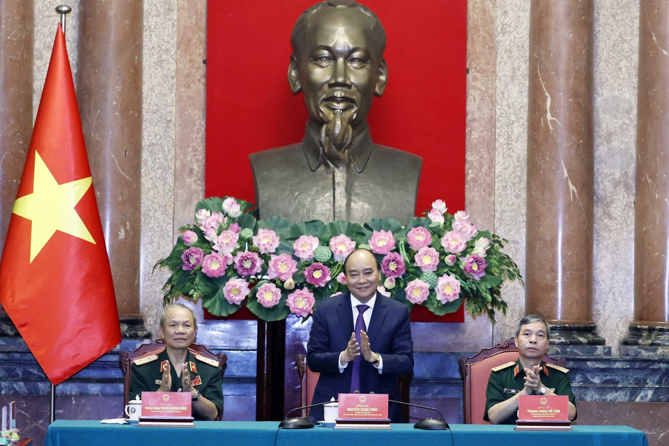 Chủ tịch nước Nguyễn Xuân Phúc phát biểu tại buổi gặp. (Ảnh: Thống Nhất/TTXVN)