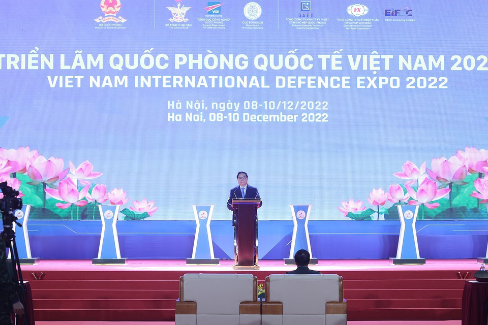 Thủ tướng Phạm Minh Chính phát biểu tại Lễ khai mạc Triển lãm Quốc phòng quốc tế Việt Nam 2022. (Ảnh: Dương Giang/TTXVN)