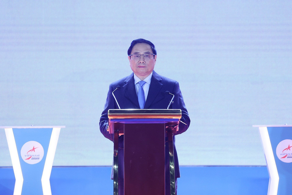 Thủ tướng Phạm Minh Chính phát biểu tại Lễ khai mạc Triển lãm Quốc phòng quốc tế Việt Nam 2022. (Ảnh: Dương Giang/TTXVN)
