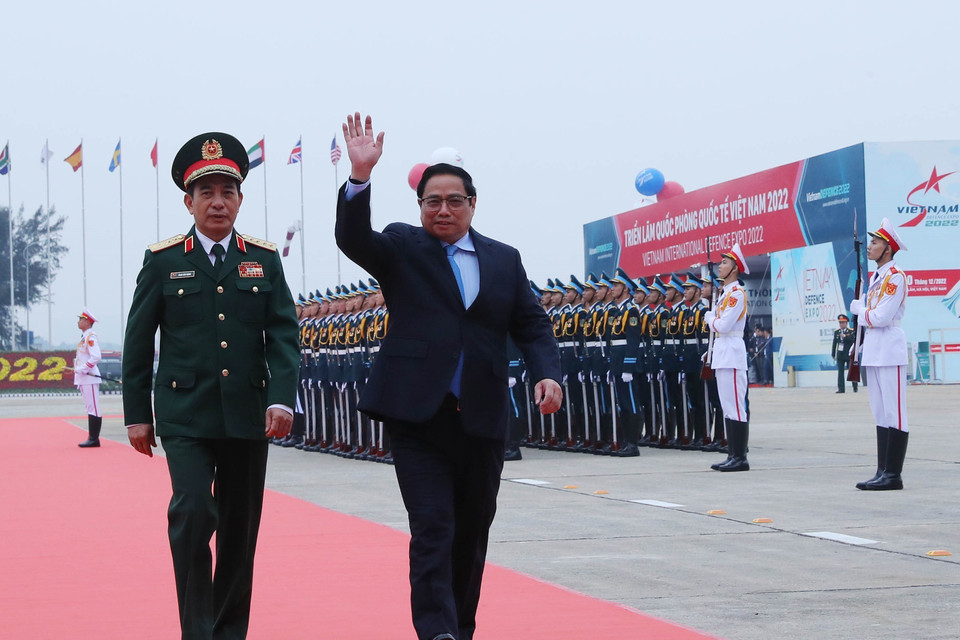 Thủ tướng Phạm Minh Chính đến dự Lễ khai mạc Triển lãm Quốc phòng quốc tế Việt Nam 2022. (Ảnh: Trọng Đức/TTXVN)
