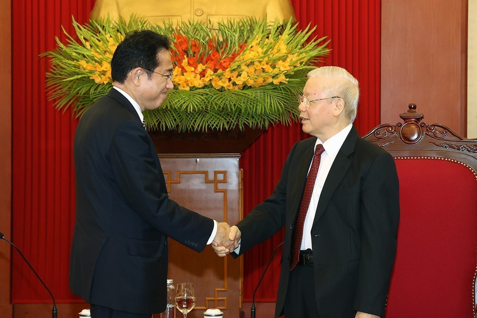 Tổng Bí thư Nguyễn Phú Trọng tiếp Thủ tướng Nhật Bản Kishida Fumio sang thăm chính thức Việt Nam. (Ảnh : Trí Dũng/TTXVN)