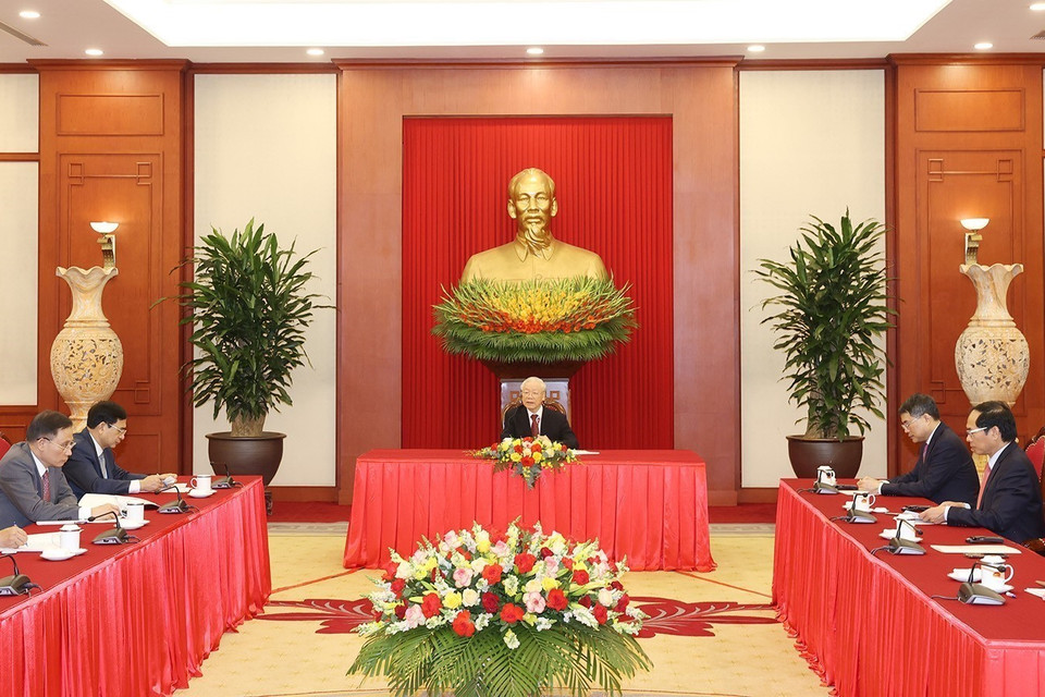 Toàn cảnh buổi điện đàm. (Ảnh: Trí Dũng/TTXVN)