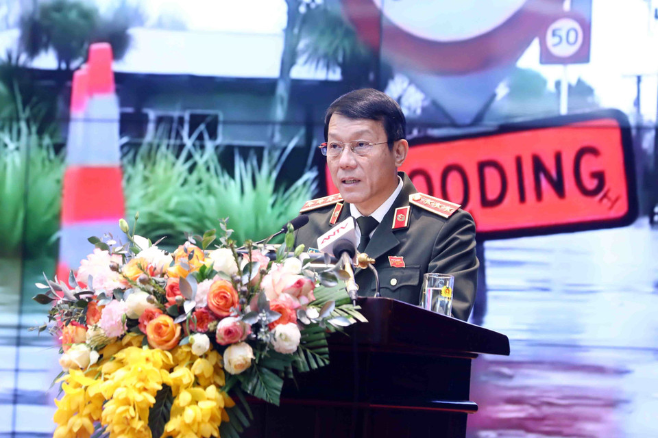 Thượng tướng Lương Tam Quang, Uỷ viên Trung ương Đảng, Thứ trưởng Bộ Công an phát biểu. (Ảnh: Phạm Kiên/TTXVN)