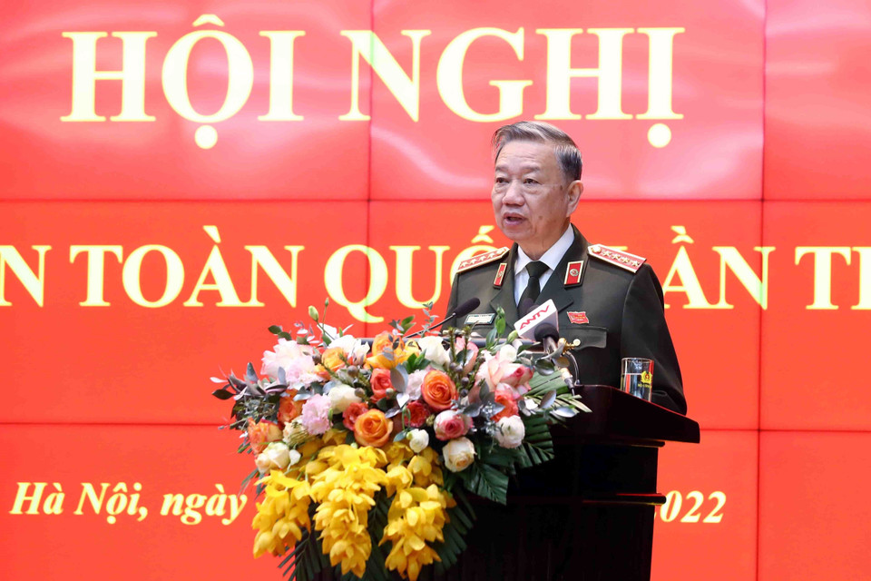 Đại tướng Lâm, Ủy viên Bộ Chính trị, Bộ trưởng Bộ Công an phát biểu. (Ảnh: Phạm Kiên/TTXVN)