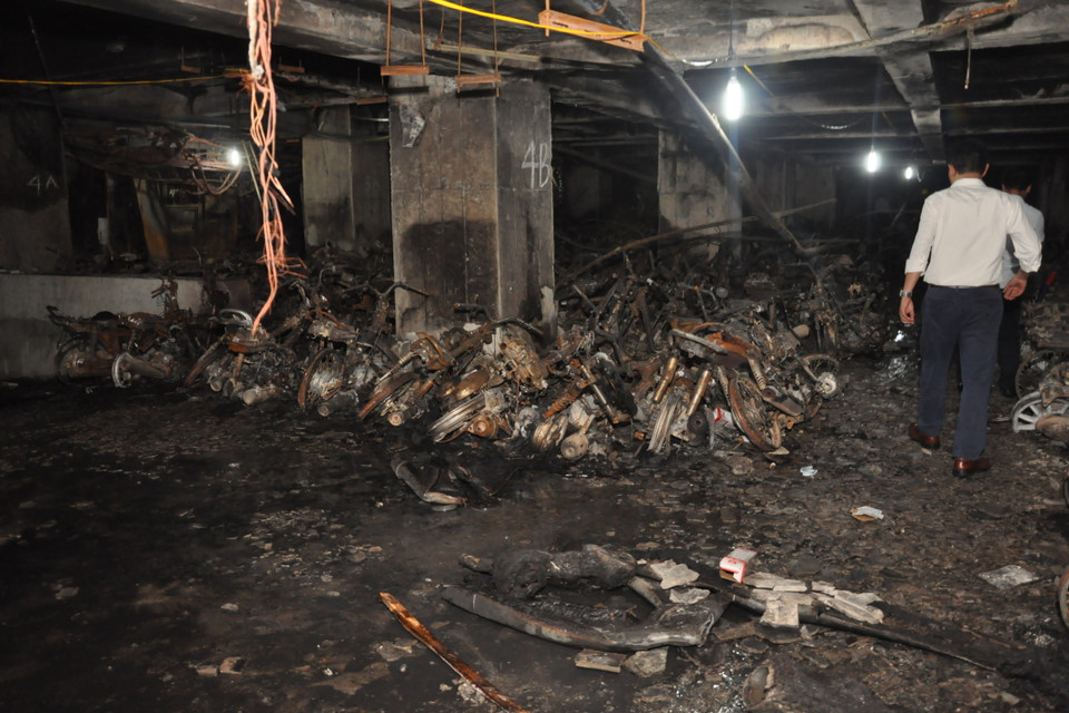 Khung cảnh hoang tàn trong hầm để xe tòa nhà CT4a. (Ảnh: Cộng tác viên)