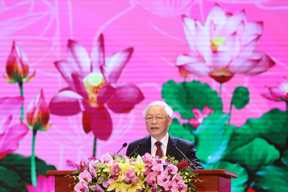 Lúc 9 giờ 45, Tổng Bí thư, Chủ tịch nước Nguyễn Phú Trọng đọc diễn văn tại Lễ kỷ niệm. (Ảnh: PV/Vietnam+)