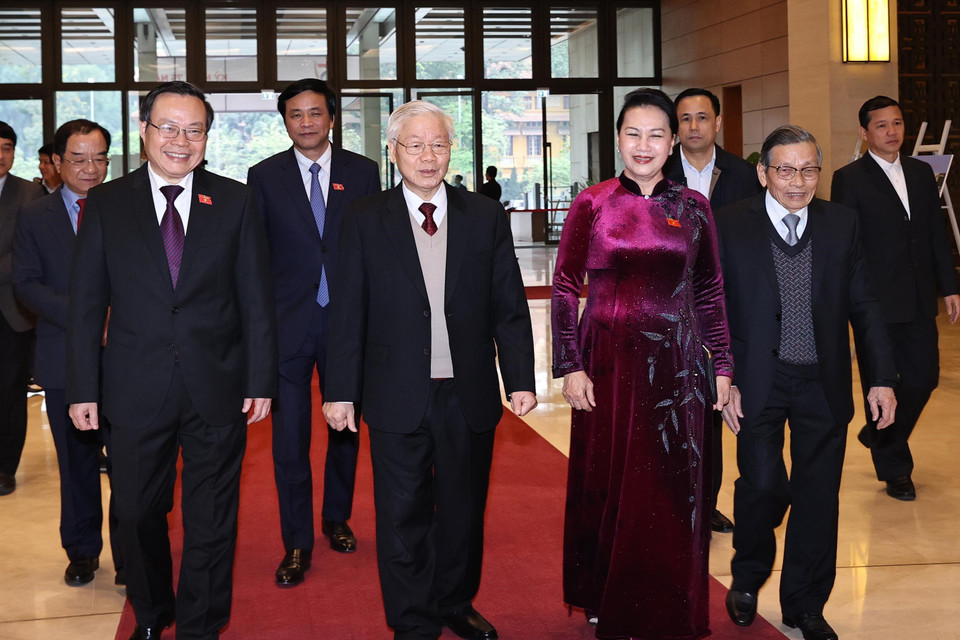 Tổng Bí thư, Chủ tịch nước Nguyễn Phú Trọng, Chủ tịch Quốc hội Nguyễn Thị Kim Ngân và các đại biểu. (Ảnh: Trọng Đức/TTXVN)