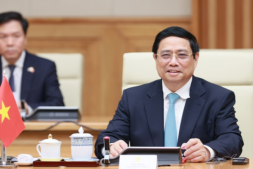 Thủ tướng Phạm Minh Chính phát biểu tại cuộc hội đàm với Thủ tướng Australia Anthony Albanese. (Ảnh: Dương Giang/TTXVN)