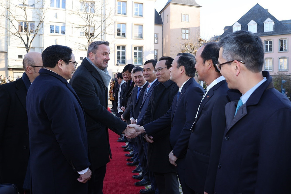 Thủ tướng Phạm Minh Chính giới thiệu với Thủ tướng Luxembourg Xavier Bettel các thành viên Đoàn đại biểu Việt Nam. (Ảnh: Dương Giang/TTXVN)