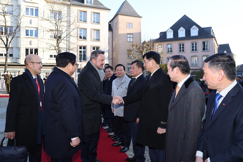 Thủ tướng Phạm Minh Chính giới thiệu với Thủ tướng Luxembourg Xavier Bettel các thành viên Đoàn đại biểu Việt Nam. (Ảnh: Dương Giang/TTXVN)