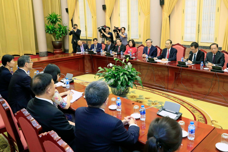 Chiều 19/9, tại Phủ Chủ tịch, Chủ tịch nước Trần Đại Quang tiếp đồng chí Chu Cường, Chánh án Toà án nhân dân Tối cao Trung Quốc đang có chuyến thăm và làm việc tại Việt Nam. (Ảnh: TTXVN)