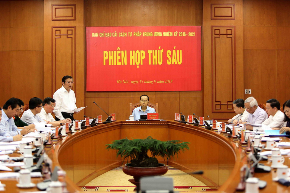  Sáng 15/9/2018, tại Trụ sở Trung ương Đảng, Chủ tịch nước Trần Đại Quang chủ trì Phiên họp thứ sáu của Ban Chỉ đạo cải cách Tư pháp Trung ương. (Ảnh: TTXVN)