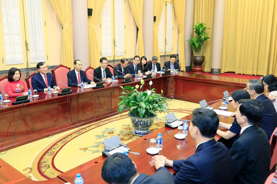 Chiều 19/9/2018, tại Phủ Chủ tịch, Chủ tịch nước Trần Đại Quang tiếp đồng chí Chu Cường, Chánh án Toà án nhân dân Tối cao Trung Quốc đang có chuyến thăm và làm việc tại Việt Nam. (Ảnh: TTXVN)