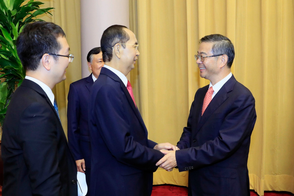 Chiều 19/9/2018, tại Phủ Chủ tịch, Chủ tịch nước Trần Đại Quang tiếp đồng chí Chu Cường, Chánh án Toà án nhân dân Tối cao Trung Quốc đang có chuyến thăm và làm việc tại Việt Nam. (Ảnh: TTXVN)