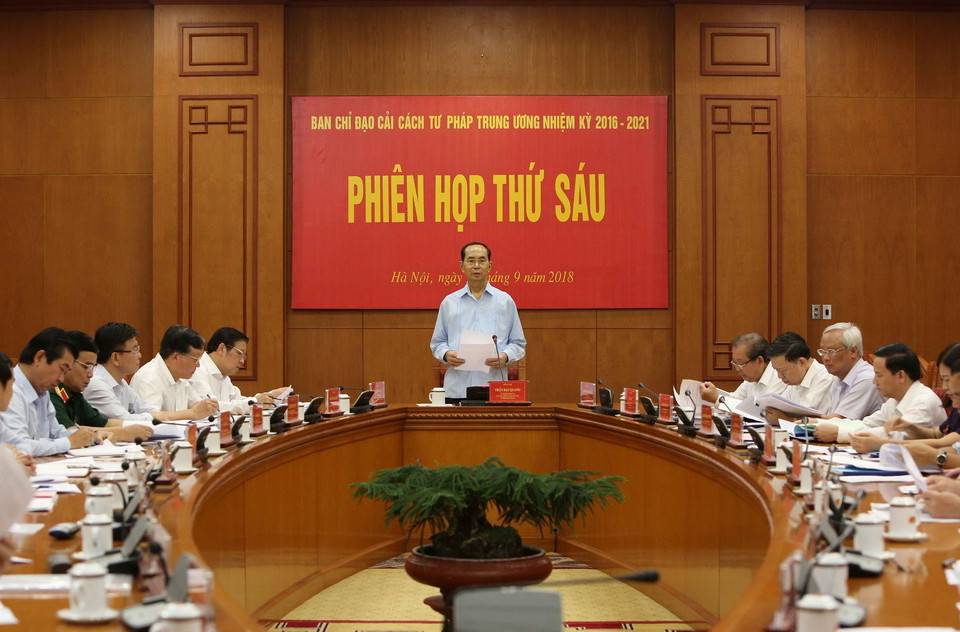  Sáng 15/9/2018, tại Trụ sở Trung ương Đảng, Chủ tịch nước Trần Đại Quang chủ trì Phiên họp thứ sáu của Ban Chỉ đạo cải cách Tư pháp Trung ương. (Ảnh: TTXVN)