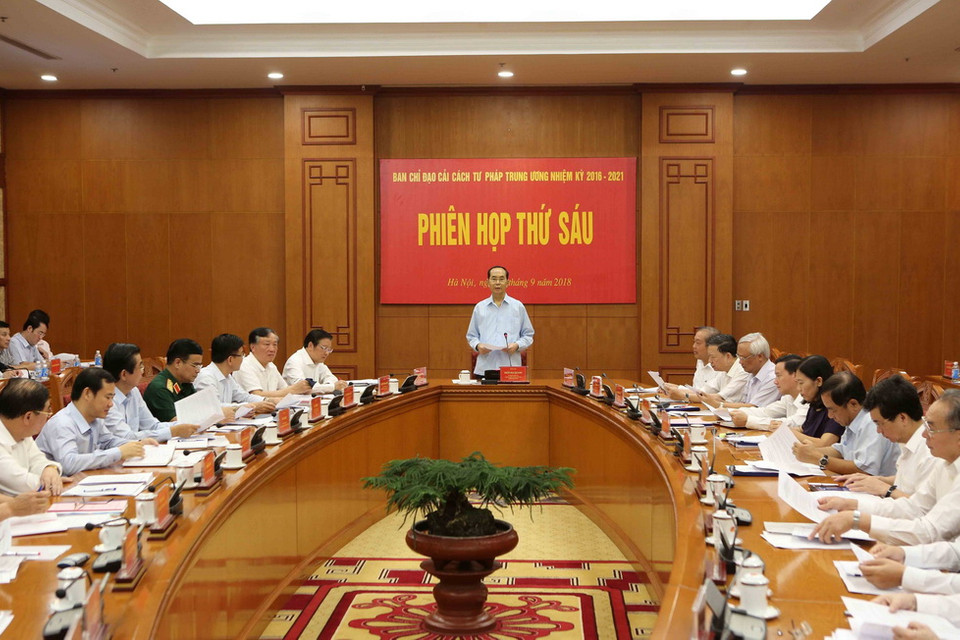  Sáng 15/9/2018, tại Trụ sở Trung ương Đảng, Chủ tịch nước Trần Đại Quang chủ trì Phiên họp thứ sáu của Ban Chỉ đạo cải cách Tư pháp Trung ương. (Ảnh: TTXVN)
