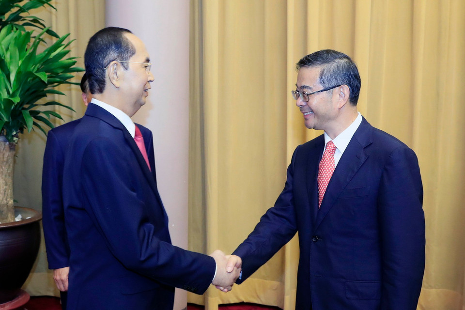 Chiều 19/9/2018, tại Phủ Chủ tịch, Chủ tịch nước Trần Đại Quang tiếp đồng chí Chu Cường, Chánh án Toà án nhân dân Tối cao Trung Quốc đang có chuyến thăm và làm việc tại Việt Nam. (Ảnh: TTXVN)