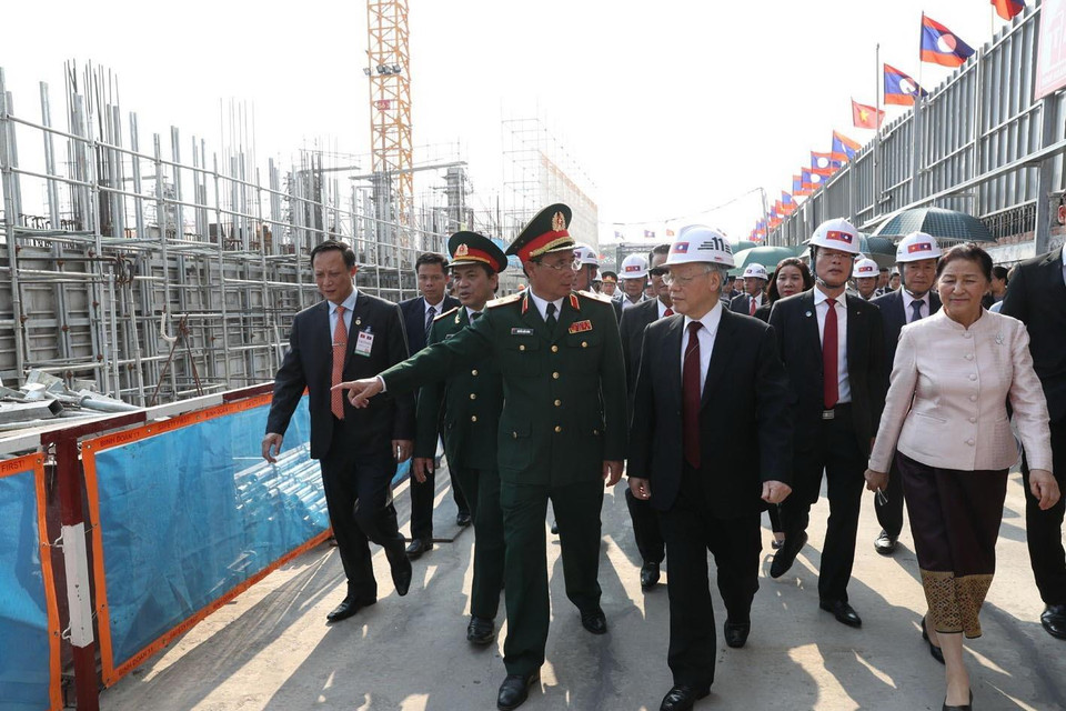 Trong chuyến thăm hữu nghị chính thức Lào, chiều 24/2/2019, Tổng Bí thư, Chủ tịch nước Nguyễn Phú Trọng đến thăm công trình xây dựng Nhà Quốc hội Lào - quà tặng của Đảng, Nhà nước và nhân dân Việt Nam dành cho Đảng, Nhà nước và nhân dân Lào, tại Thủ đô Vientiane. (Ảnh: Trí Dũng/TTXVN)