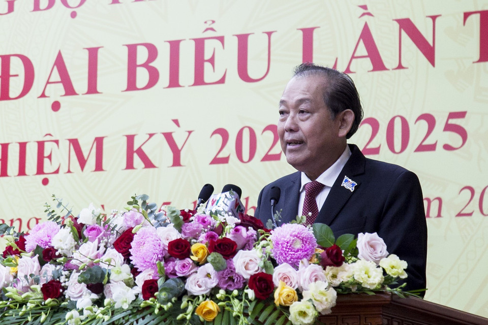  Ủy viên Bộ Chính trị, Phó Thủ tướng thường trực Chính phủ Trương Hòa Bình phát biểu chỉ đạo Đại hội. (Ảnh: Hồng Đạt/TTXVN)