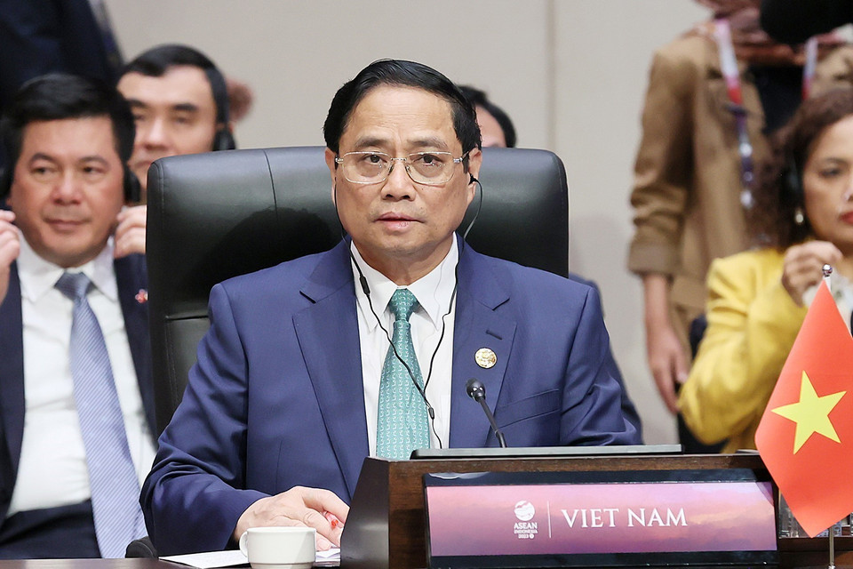 Thủ tướng Phạm Minh Chính phát biểu tại Hội nghị cấp cao ASEAN-Trung Quốc lần thứ 26. (Ảnh: Dương Giang/TTXVN)