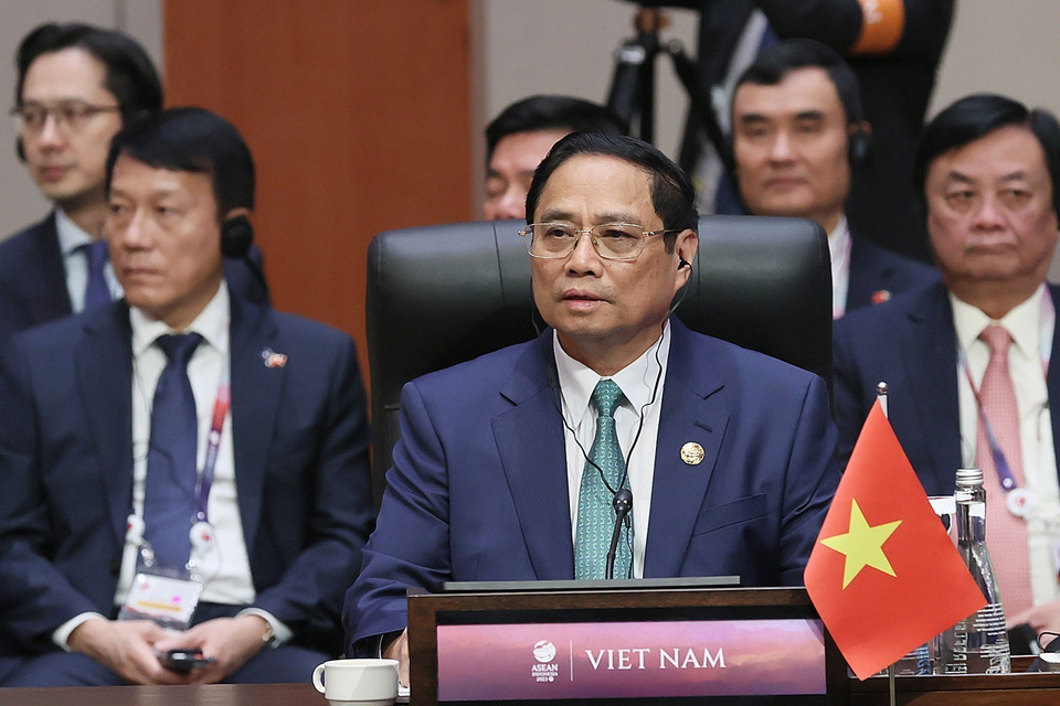  Thủ tướng Phạm Minh Chính phát biểu tại Hội nghị cấp cao ASEAN-Trung Quốc lần thứ 26. (Ảnh: Dương Giang/TTXVN) 