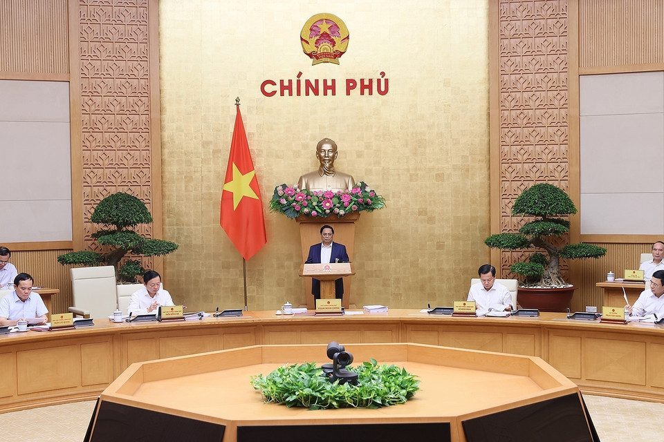 Thủ tướng Phạm Minh Chính chủ trì Phiên họp Chính phủ thường kỳ tháng 8/2023. (Ảnh: Dương Giang/TTXVN)