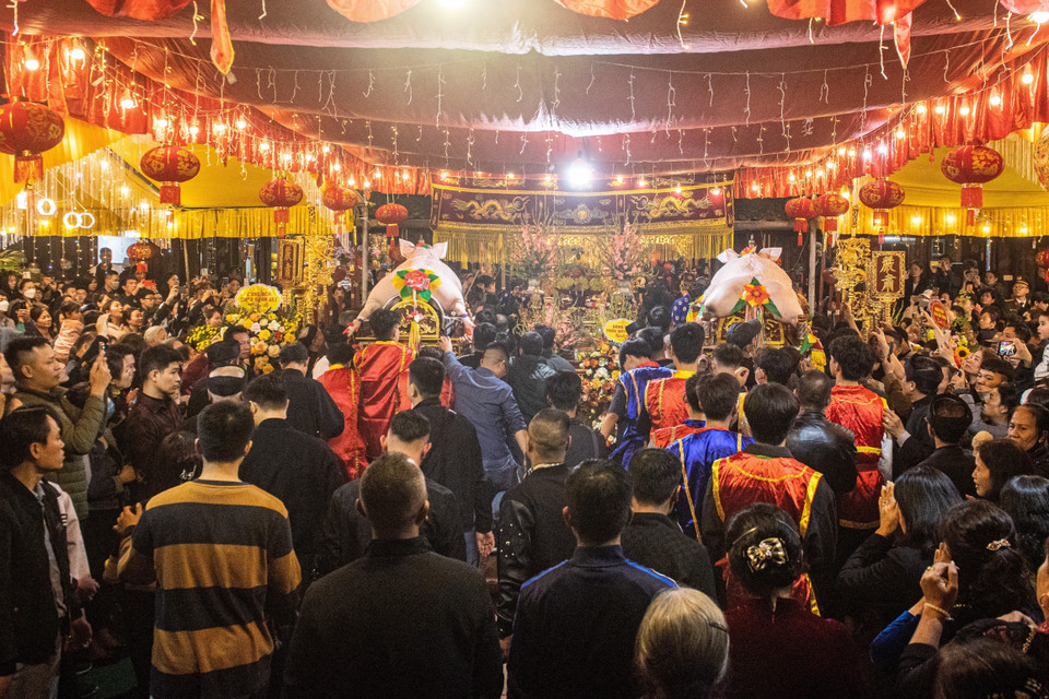 Lễ rước Ông Lợn nhằm tưởng nhớ công ơn Thành hoàng làng Tĩnh Quốc Tam Lang thời Hùng Duệ Vương thứ 6 - người đã có công đánh giặc gìn giữ bờ cõi. (Ảnh: Phạm Tuấn Anh/TTXVN)