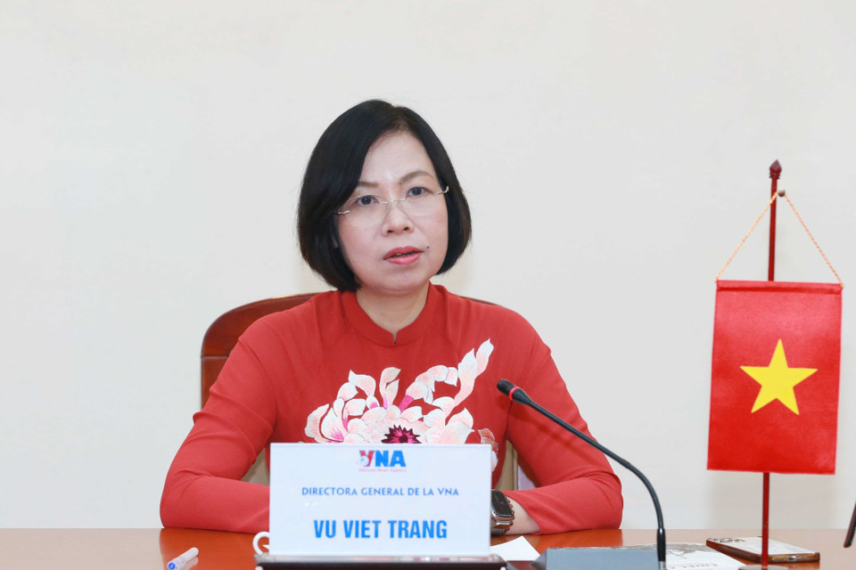 Tổng Giám đốc Thông tấn xã Việt Nam Vũ Việt Trang phát biểu tại hội đàm. (Ảnh: Phương Hoa/TTXVN)