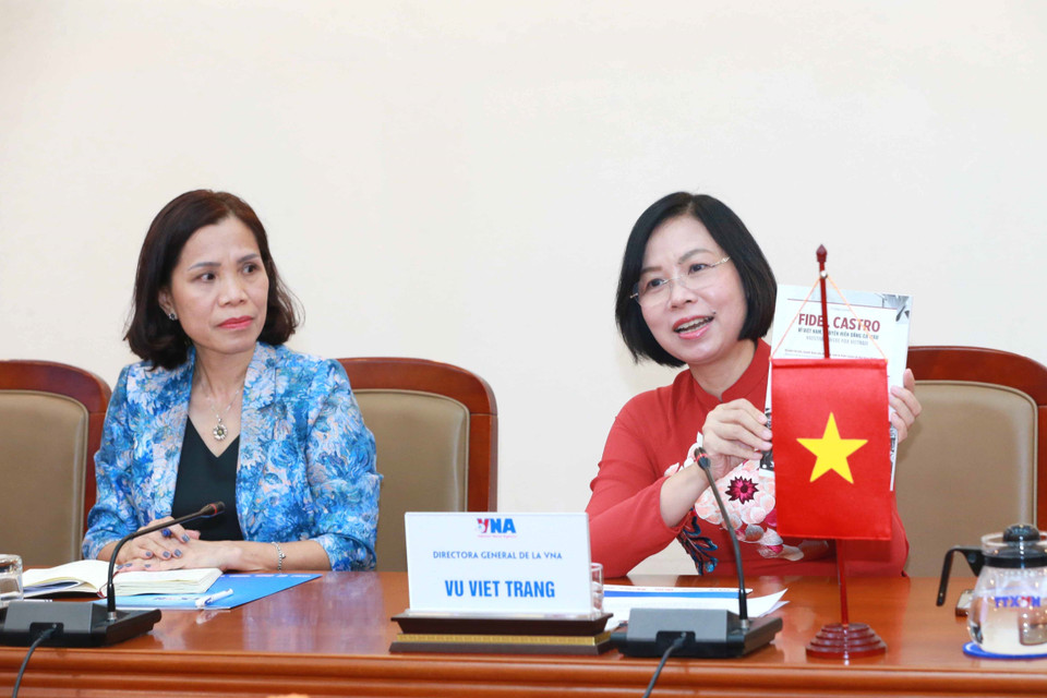 Tổng Giám đốc Thông tấn xã Việt Nam Vũ Việt Trang phát biểu tại hội đàm. (Ảnh: Phương Hoa/TTXVN)