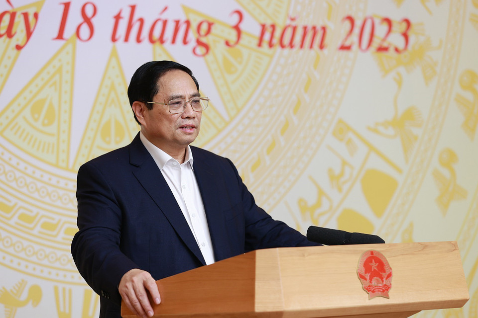 Thủ tướng Phạm Minh Chính phát biểu tại buổi làm việc. (Ảnh: Dương Giang/TTXVN)