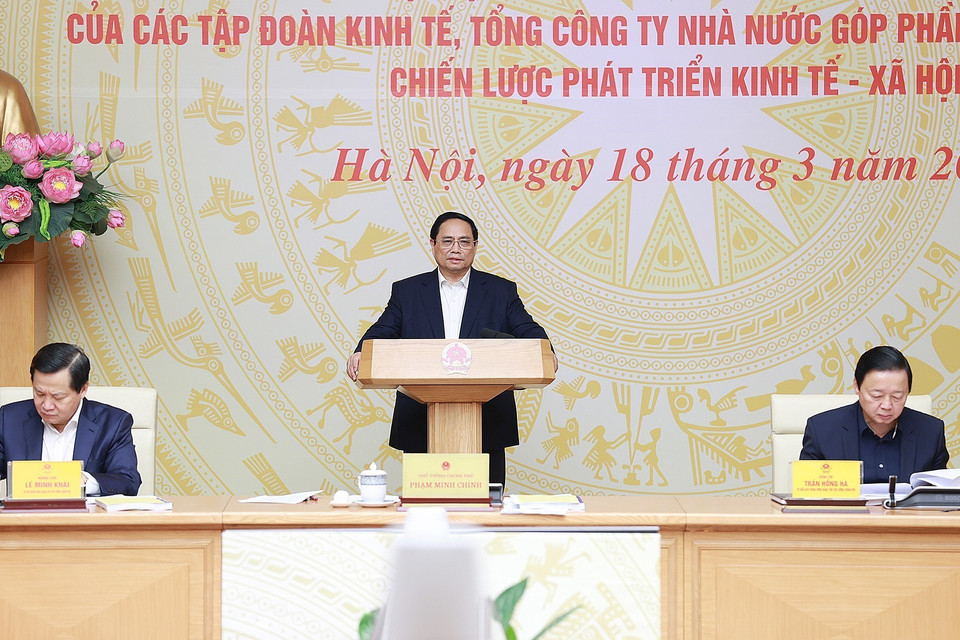 Sáng 18/3, tại Hà Nội, Thủ tướng Phạm Minh Chính chủ trì làm việc với Ủy ban Quản lý vốn Nhà nước tại doanh nghiệp và các tập đoàn kinh tế, công ty nhà nước về giải pháp đổi mới hoạt động của Ủy ban. (Ảnh: Dương Giang/TTXVN)