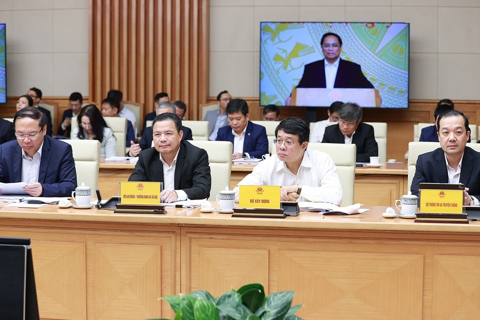 Đại diện các bộ, ngành, Ủy ban Quản lý vốn Nhà nước tại doanh nghiệp và các tập đoàn kinh tế, tổng công ty nhà nước tham dự buổi làm việc. (Ảnh: Dương Giang/TTXVN)