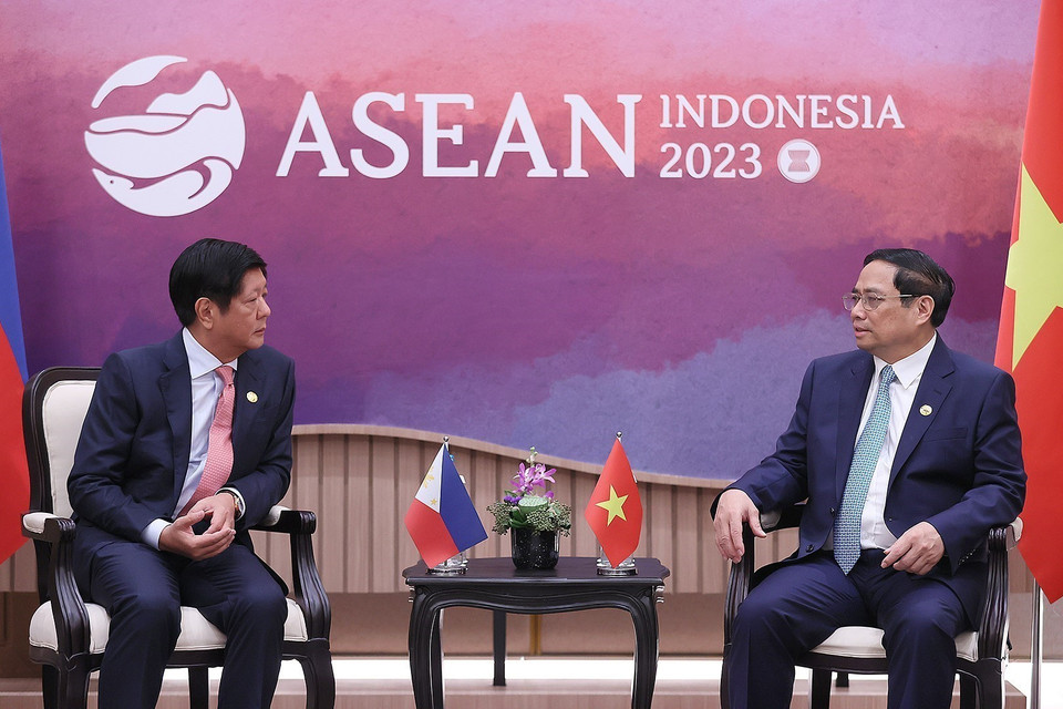 Sáng 7/9/2023, tại thủ đô Jakarta, Indonesia, Thủ tướng Phạm Minh Chính gặp Tổng thống Philippines Ferdinand Romualdez Marcos Jr. (Ảnh: Dương Giang/TTXVN)