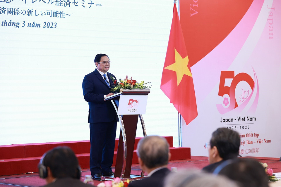 Thủ tướng Phạm Minh Chính phát biểu tại hội thảo kinh tế cấp cao Việt Nam-Nhật Bản. (Ảnh: Dương Giang/Vietnam+) 