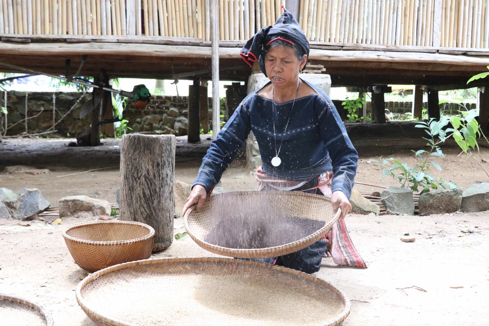 Phụ nữ trong làng tập trung giã, sàng sẩy để lựa chọn hạt Cào đạt chuẩn nấu rượu cần. (Ảnh: Hồng Điệp/TTXVN)