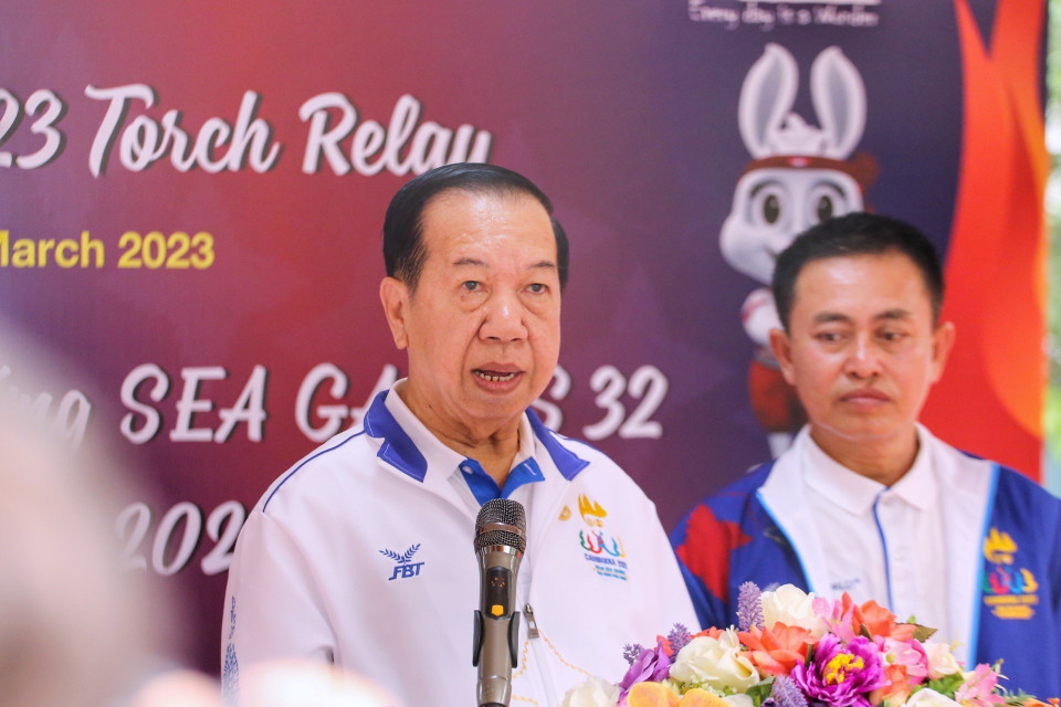 Ngài Hor Sarun, Quốc vụ Khanh Bộ Thể thao Campuchia kiêm Đặc Phái viên Ban Tổ chức SEA Games 32 phát biểu. (Ảnh: Tuấn Đức/TTXVN)