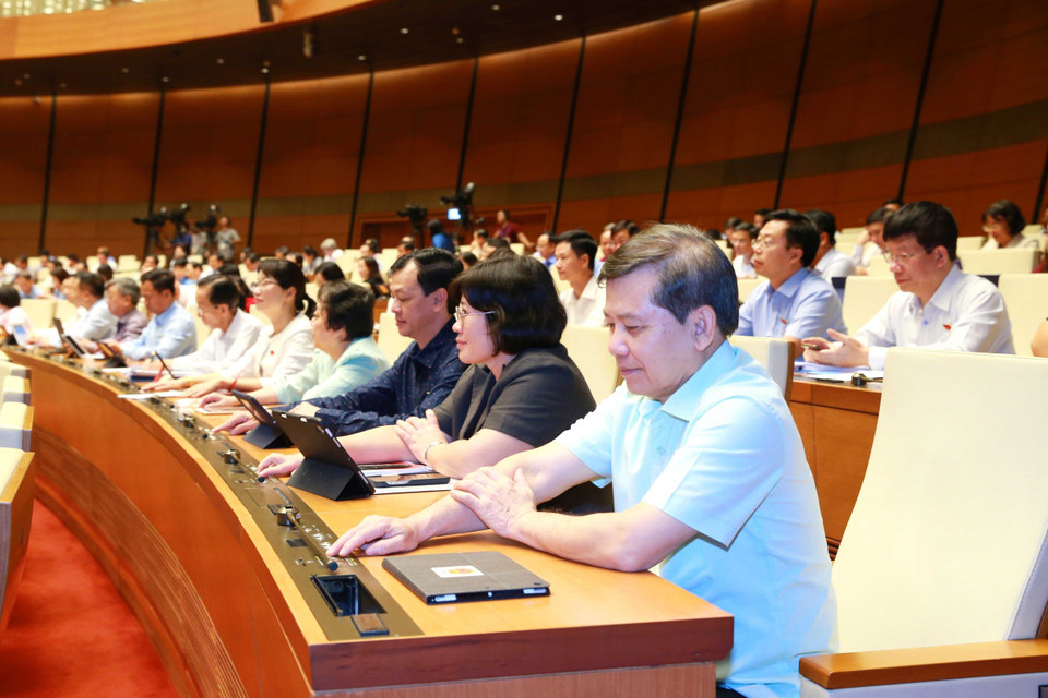 Đại biểu Quốc hội thành phố Hồ Chí Minh biểu quyết thông qua Nghị quyết.(Ảnh: Phương Hoa/TTXVN)