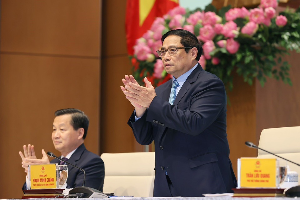 Thủ tướng Phạm Minh Chính chủ trì buổi mặt mặt các doanh nhân. (Ảnh: Dương Giang/TTXVN)