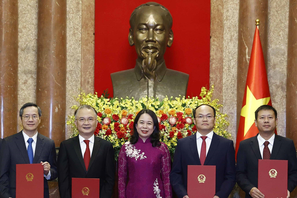 Quyền Chủ tịch nước Võ Thị Ánh Xuân trao quyết định bổ nhiệm cho các đại sứ. (Ảnh: Thống Nhất/TTXVN)