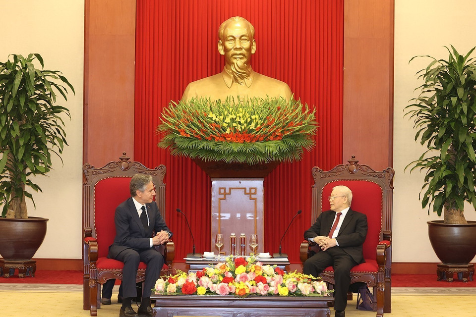 Hình ảnh Tổng Bí thư Nguyễn Phú Trọng tiếp Bộ trưởng Ngoại giao Hoa Kỳ Antony Blinken. (Ảnh: Trí Dũng/TTXVN)