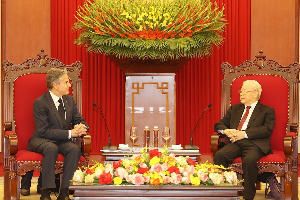 Tổng Bí thư Nguyễn Phú Trọng tiếp Bộ trưởng Ngoại giao Hoa Kỳ Antony Blinken. (Ảnh: Trí Dũng/TTXVN)