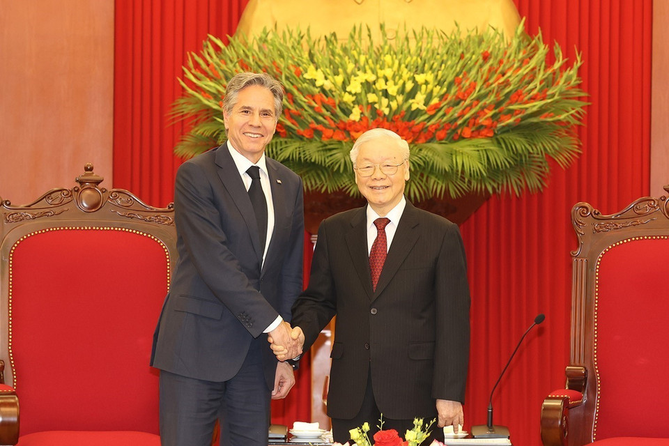 Tổng Bí thư Nguyễn Phú Trọng và Bộ trưởng Ngoại giao Hoa Kỳ Antony Blinken. (Ảnh: Trí Dũng/TTXVN)