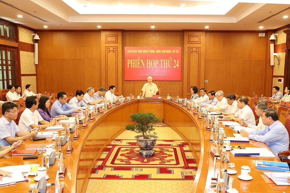 Sáng 16/8/2023, tại Trụ sở Trung ương Đảng, Tổng Bí thư Nguyễn Phú Trọng, Trưởng Ban Chỉ đạo, chủ trì Phiên họp thứ 24 của Ban Chỉ đạo Trung ương về Phòng, Chống Tham nhũng, Tiêu cực. (Ảnh: Trí Dũng/TTXVN)