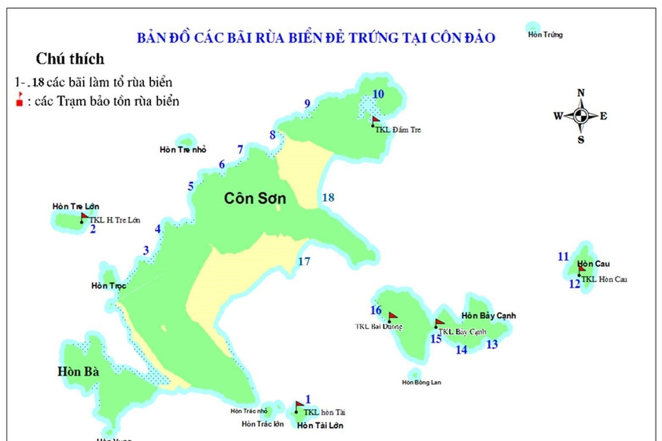 Bản đồ các bãi rùa biển lên đẻ trứng tại Côn Đảo. (Ảnh: TTXVN phát)