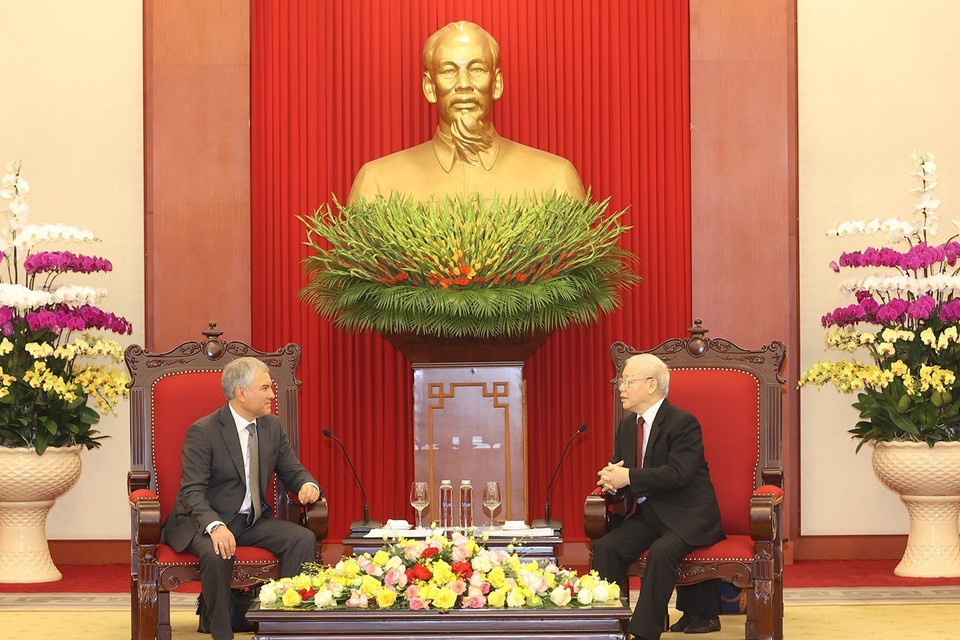 Chiều 16/10/2023, tại Trụ sở Trung ương Đảng, Tổng Bí thư Nguyễn Phú Trọng tiếp Chủ tịch Duma Quốc gia Quốc hội Liên bang Nga Vyacheslav Viktorovich Volodin đang thăm chính thức Việt Nam. (Ảnh: Trí Dũng/TTXVN)