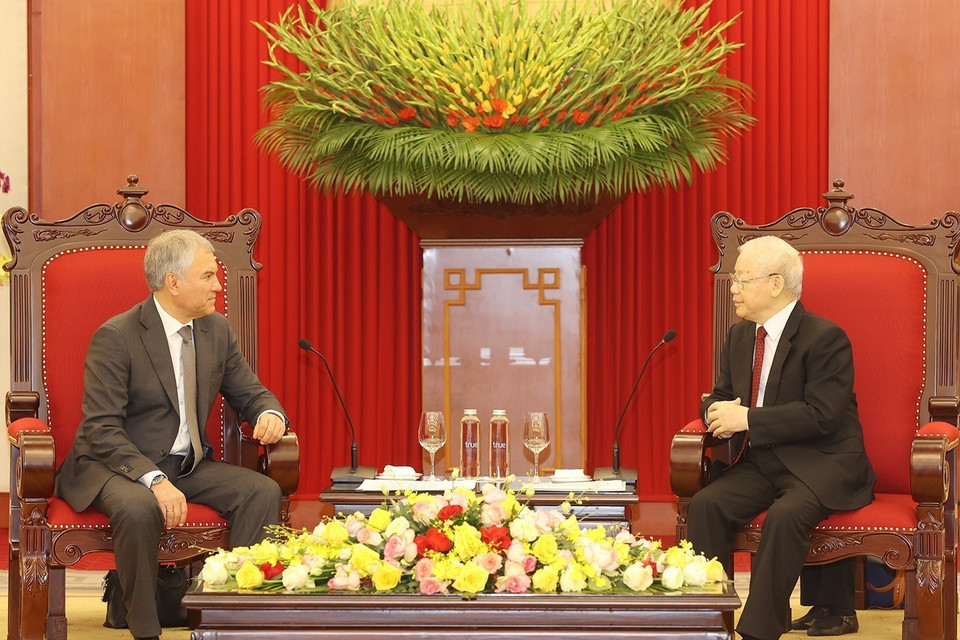 Tổng Bí thư Nguyễn Phú Trọng tiếp Chủ tịch Duma Quốc gia Quốc hội Liên bang Nga Vyacheslav Viktorovich Volodin. (Ảnh: Trí Dũng/TTXVN)
