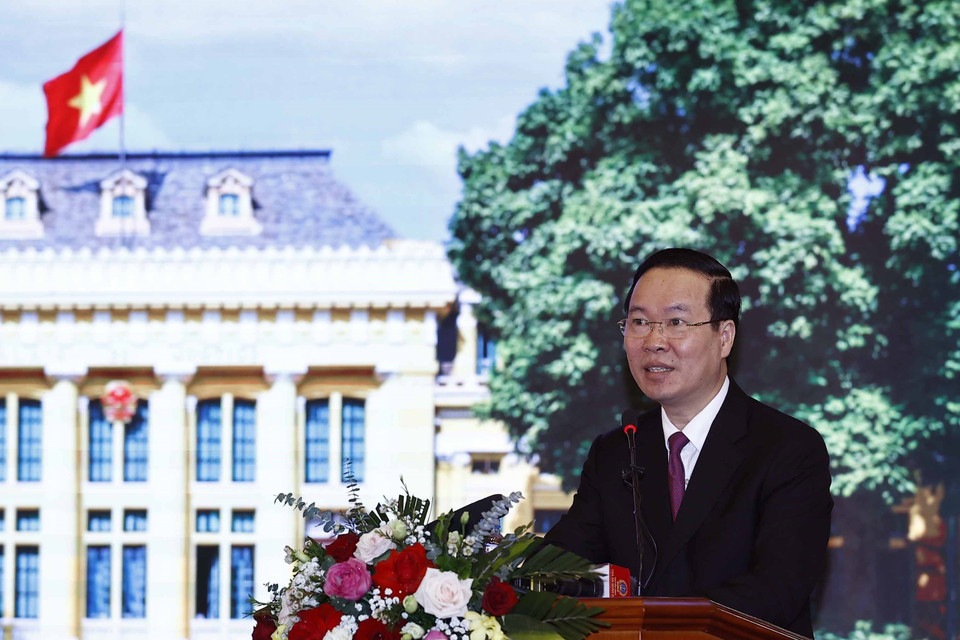 Hình ảnh Chủ tịch nước Võ Văn Thưởng phát biểu chỉ đạo. (Ảnh: Thống Nhất/TTXVN)