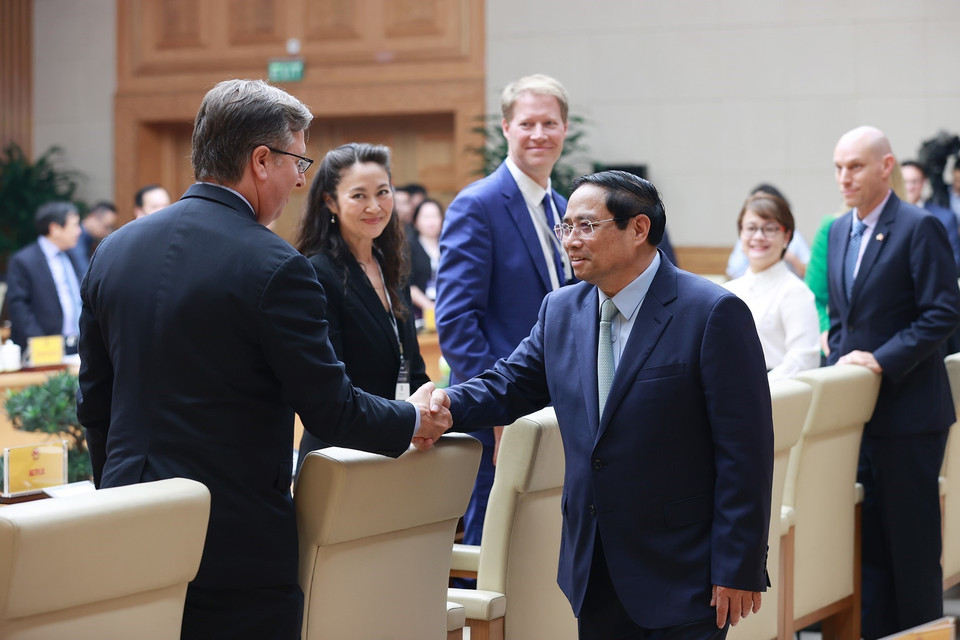 Chiều 22/3, tại Hà Nội, Thủ tướng Phạm Minh Chính tiếp Đoàn doanh nghiệp của Hội đồng Kinh doanh Hoa Kỳ-ASEAN (USABC) gồm hơn 50 tập đoàn, doanh nghiệp hàng đầu của Hoa Kỳ. (Ảnh: Dương Giang/TTXVN)